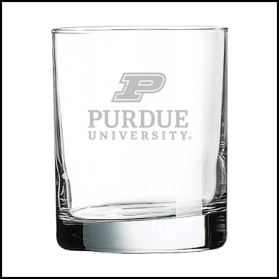 Clear cocktail glass with Purdue University logo