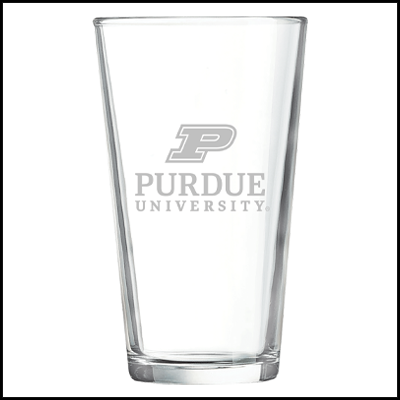 Clear pint glass with Purdue University logo
