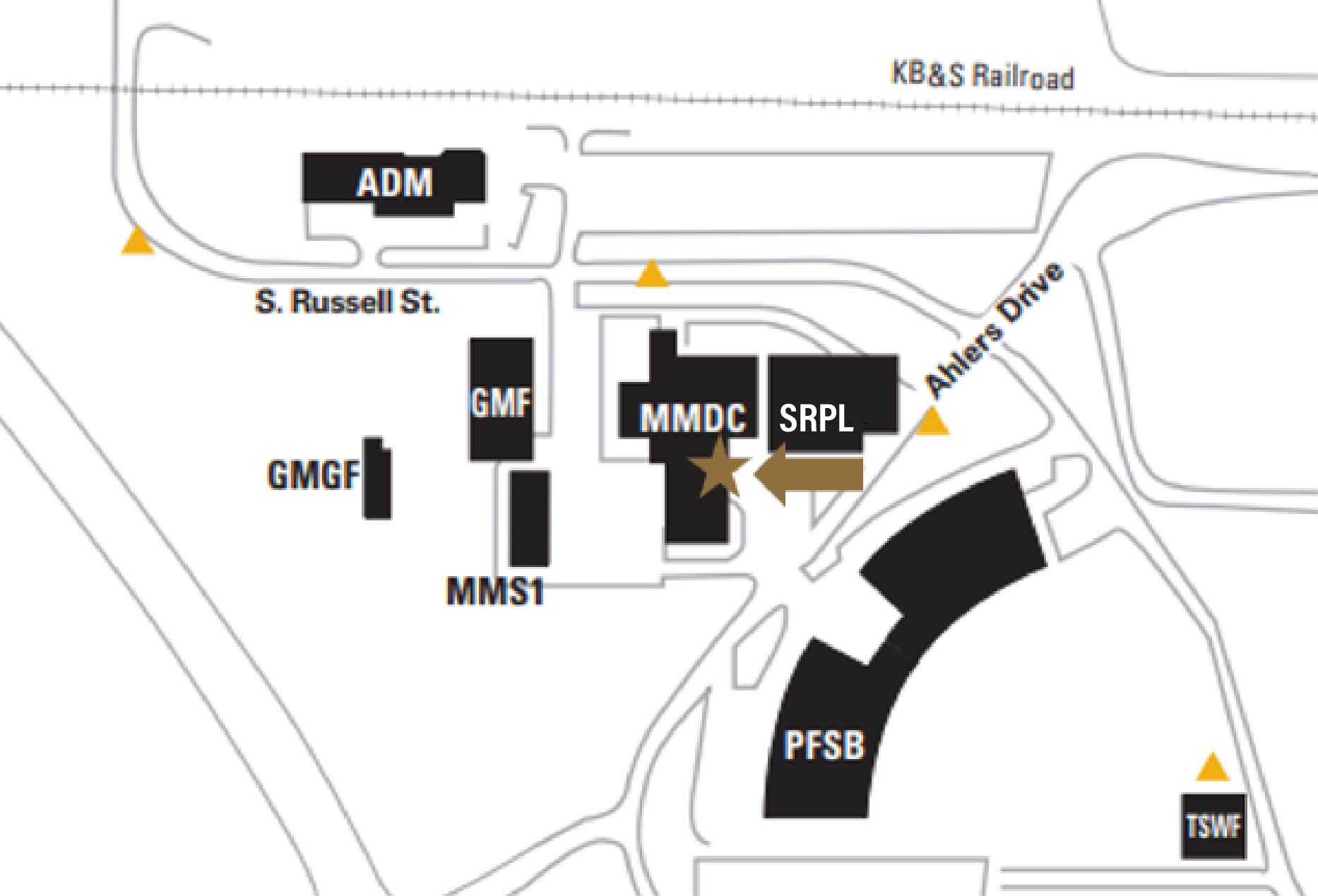 Map showing the Materials Management and Distribution Center (MMDC) location, marked with a star, and nearby buildings and roads.