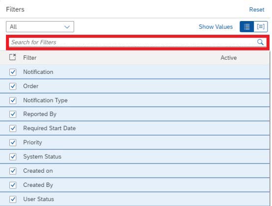 Filter selection screen