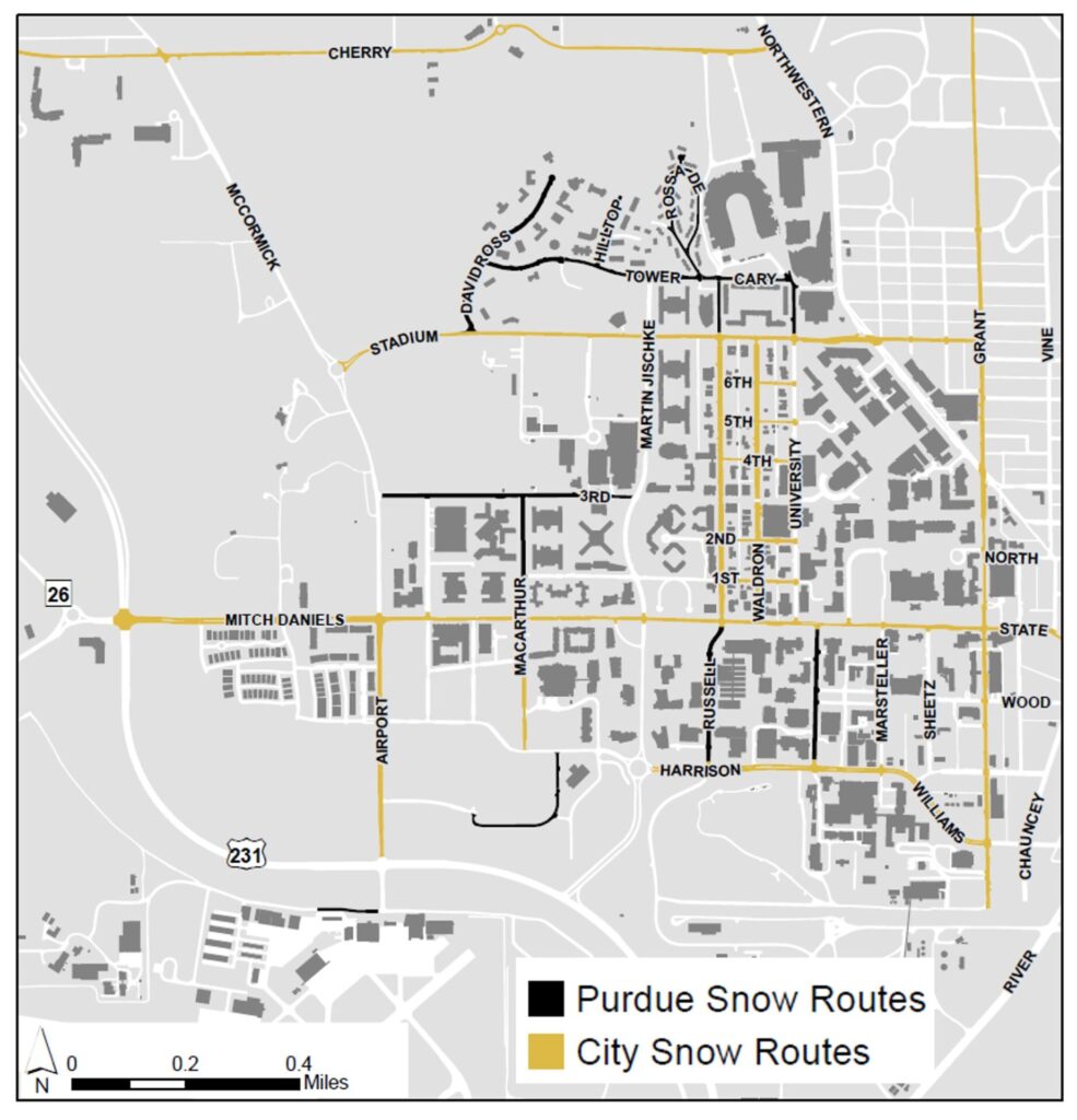A map of the Purdue and City of West Lafayette snow routes as described in the text on this page.