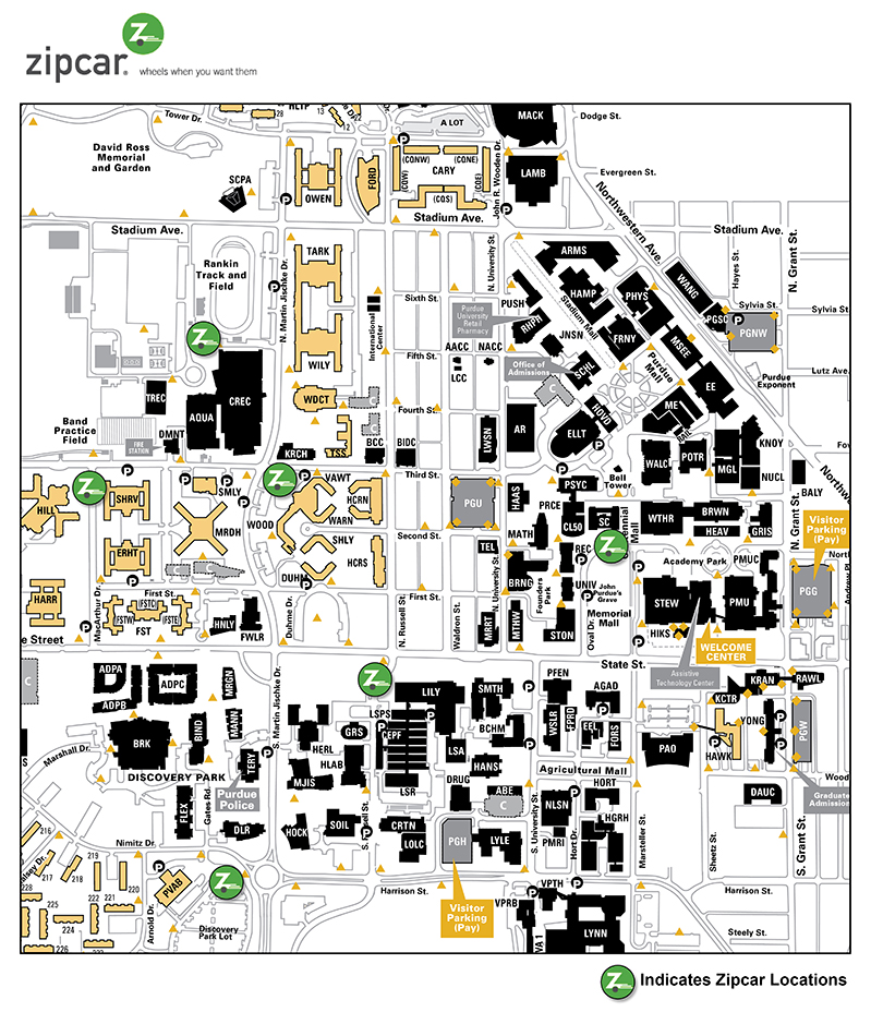 Map of Zipcar locations on Purdue's West Lafayette campus. The locations include: North side of Memorial Mall on Oval Drive, southeast of Stanley Coulter Hall (SC). East side of Shreve Residence Hall (SHRV) – 1275 Third St. 
Discovery Park Lot – 207 S. Martin Jischke Dr. Northwest side of the Córdova Recreational Sports Center (CREC) – 355 N. Martin Jischke Dr.