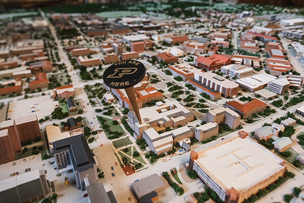 Close up of Purdue Memorial Union in the campus model map in the great hall