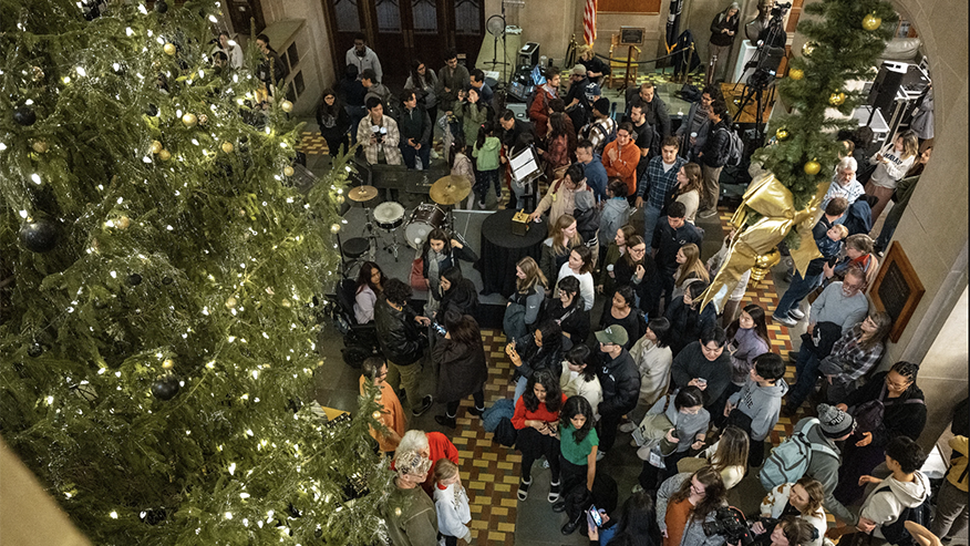 Attendees around the PMU holiday tree at the 2024 Tree Lighting Ceremony.