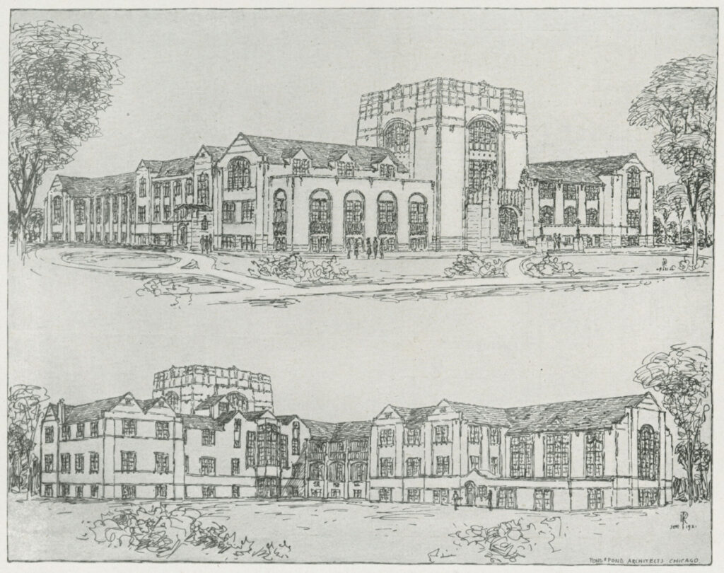 Rendering of the planned Purdue student union by Pond & Pond Architects in the 1922 Debris.