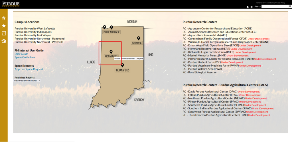 Screenshot of the FM:S homepage with the West Lafayette campus highlighted by a red box on the map of Indiana.