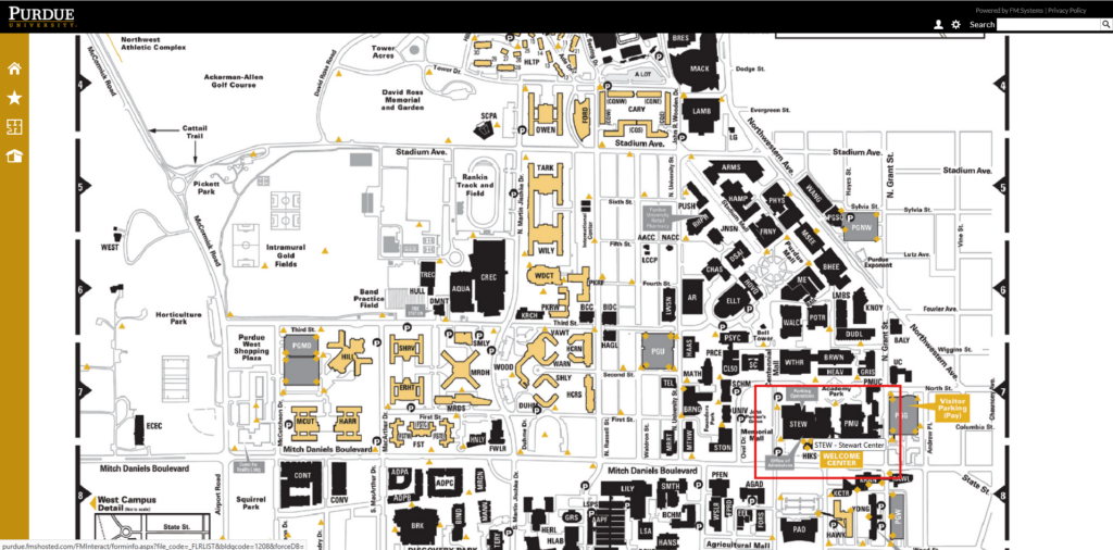 West Lafayette campus map with building STEW highlighted by a red box.