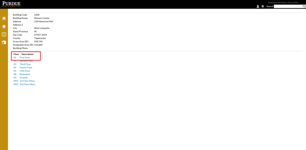 Screenshot of the STEW building information screen in FM:S with the First Floor hyperlinked highlighted by a red box.