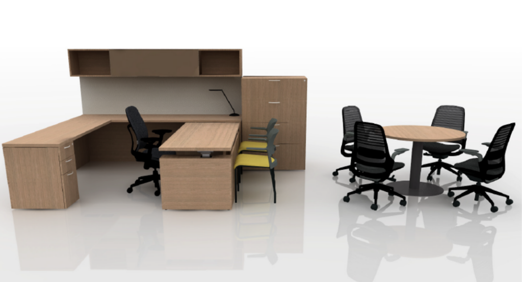 Executive office rendering with wrap-around workstation, adjustable-height desk, overhead storage, and round meeting table with four chairs.