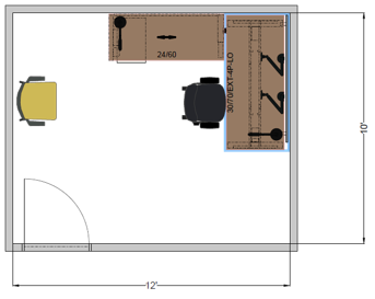 Standard shared office 12 by 10 foot floor plan showing L-shaped workstation, adjustable-height desk, task chair, guest chair, and inward-swinging door.