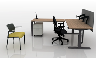 Standard shared office rendering with L-shaped workstation, adjustable-height desk, task chair, guest chair, and mobile pedestal.