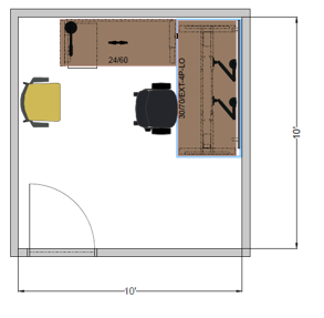 Standard shared office 10 by 10 foot floor plan showing L-shaped workstation, adjustable-height desk, task chair, guest chair, and inward-swinging door.