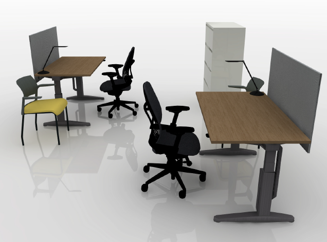 Shared office rendering with two adjustable-height workstations, tackable privacy screens, task chairs, and shared storage.