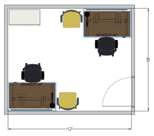 Shared office 12 by 10 foot floor plan showing two adjustable-height workstations, task chairs, shared storage, and inward-swinging door.