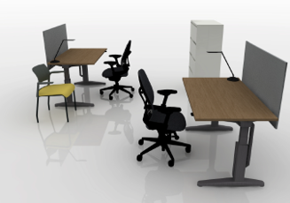 Shared office rendering with two adjustable-height workstations, tackable privacy screens, task chairs, and shared storage.