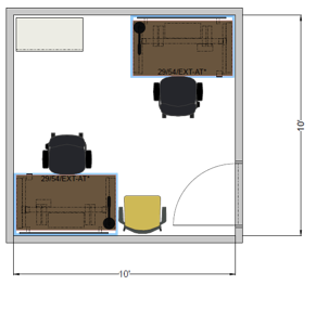 Shared office 10 by 10 foot floor plan showing two adjustable-height workstations, task chairs, shared storage, and inward-swinging door.
