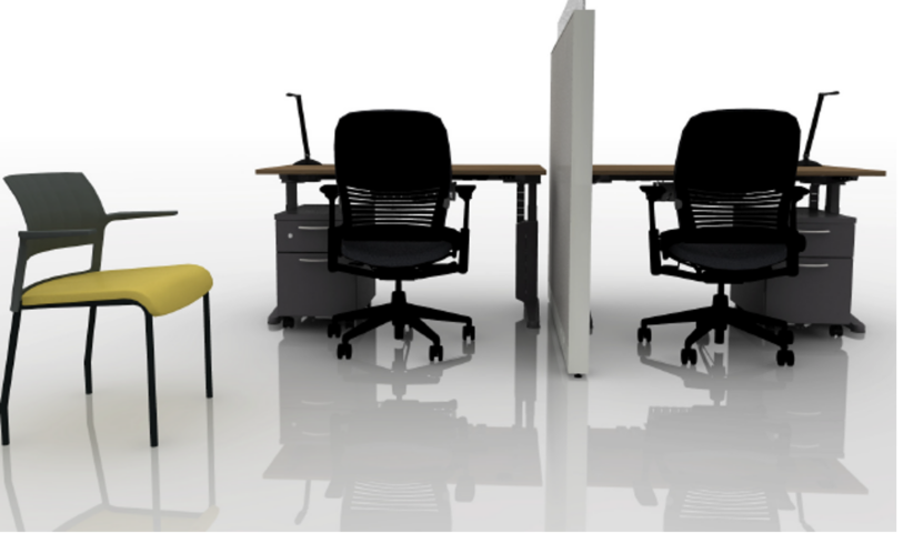 Shared touchdown office rendering with two adjustable-height workstations, task chairs, and a dividing privacy panel