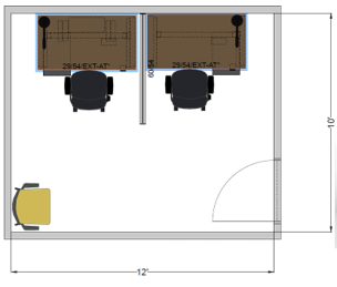 Shared touchdown office 12 by 10 foot floor plan showing two adjustable-height workstations, task chairs, and inward-swinging door.