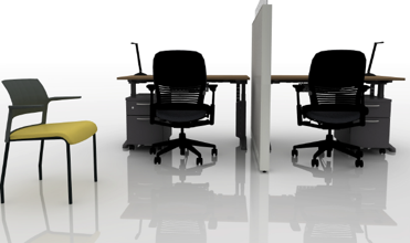Shared touchdown office rendering with two adjustable-height workstations, task chairs, and a dividing privacy panel