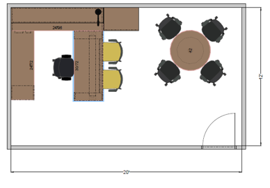 Executive office 20 by 12 foot floor plan showing wrap-around workstation, adjustable-height desk, meeting table with four seats, and inward-swinging door.