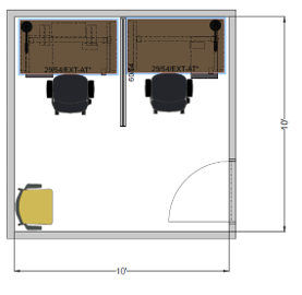Shared touchdown office 10 by 10 foot floor plan showing two adjustable-height workstations, task chairs, and inward-swinging door.