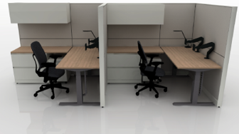 Assigned workstation rendering with two adjustable-height desk, privacy panels, task chair, and overhead storage.