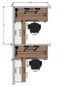 Assigned workstation floor plan showing adjustable-height desk, task chair, and integrated storage layout for two 6 by 7 foot  work spaces.