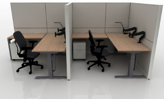 Assigned workstation rendering with two adjustable-height desk, privacy panels, task chair, and overhead storage.