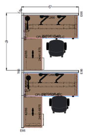 Assigned workstation floor plan showing adjustable-height desk, task chair, and integrated storage layout for two 6 by 6 foot work spaces.
