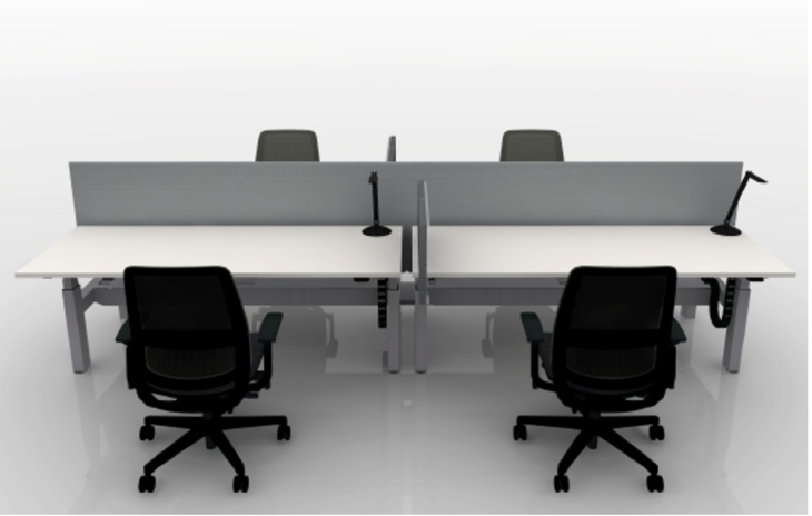 Open workstation rendering with four adjustable-height desks, privacy screens, task chairs, and shared work surface.