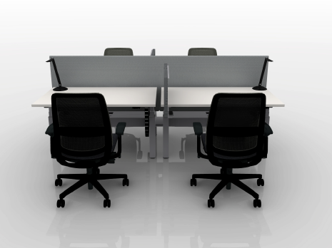 Open workstation rendering with four adjustable-height desks, privacy screens, task chairs, and shared work surface.