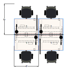 Open workstation floor plan showing four adjustable-height desks, privacy screens, and task chair placement each with a 4 by 5 foot area.