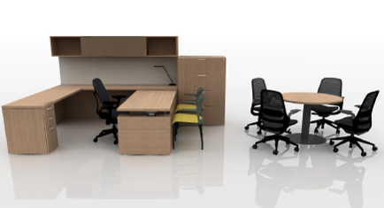 Executive office rendering with wrap-around workstation, adjustable-height desk, overhead storage, and round meeting table with four chairs.