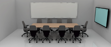 Medium conference room rendering with rectangular table, ten chairs, wall-mounted display, and whiteboard.