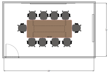 Medium conference room 20 by 12 foot floor plan showing rectangular table, ten seats, wall-mounted display, and inward-swinging door.