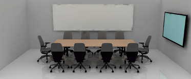 Medium conference room rendering with rectangular table, ten chairs, wall-mounted display, and whiteboard.