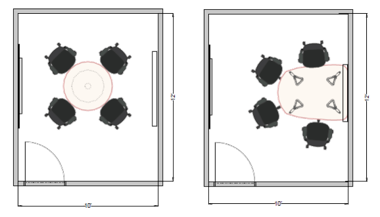 Left side huddle room 10 by 12 foot floor plan with round table, four seats, wall-mounted display, and inward-swinging door. Right side  10 by 12 foot Huddle room floor plan showing standing-height table, four stools, wall-mounted display, and inward-swinging door.