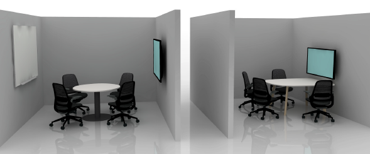 Right side huddle room rendering with round table, four chairs, wall-mounted display, and whiteboard. Left side huddle room rendering showing round table, four chairs, and wall-mounted display in an enclosed room.