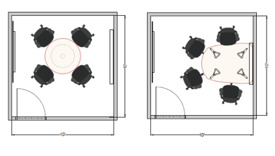 Left side huddle room 10 foot by 10 foot floor plan with round table, four seats, wall-mounted display, and inward-swinging door. Right side Huddle room 10 foot by 10 foot floor plan showing standing-height table, four stools, wall-mounted display, and inward-swinging door.