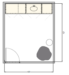 10-by-12-foot wellness room floor plan with sink, base cabinets, lounge chair, and side table.