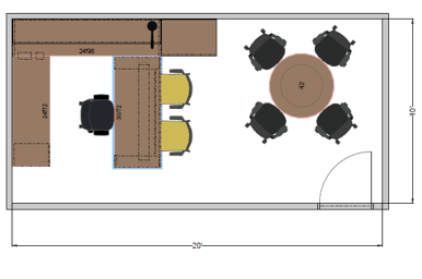 Executive office 20 by 10 foot floor plan showing wrap-around workstation, adjustable-height desk, meeting table with four seats, and inward-swinging door.
