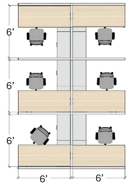 West Lafayette touchdown floor plan consisting of six 6 by 6 foot workstations