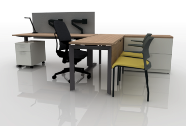Standard office rendering with L-shaped workstation, adjustable-height desk, task chair, guest chair, and mobile pedestal.