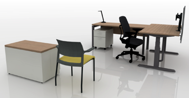 Standard office rendering with L-shaped workstation, adjustable-height desk, task chair, guest chair, and mobile pedestal.