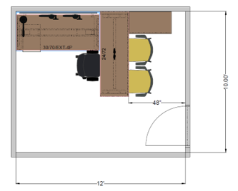 Standard office 12 by 10 foot floor plan showing L-shaped workstation, adjustable-height desk, task chair, guest chair, optional storage, and inward-swinging door.