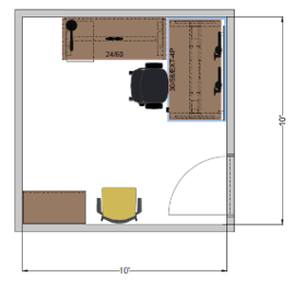 Standard office 10 by 10 foot floor plan showing L-shaped workstation, adjustable-height desk, task chair, guest chair, optional storage, and inward-swinging door.