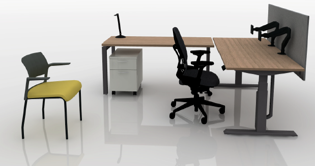 Standard shared office rendering with L-shaped workstation, adjustable-height desk, task chair, guest chair, and mobile pedestal.