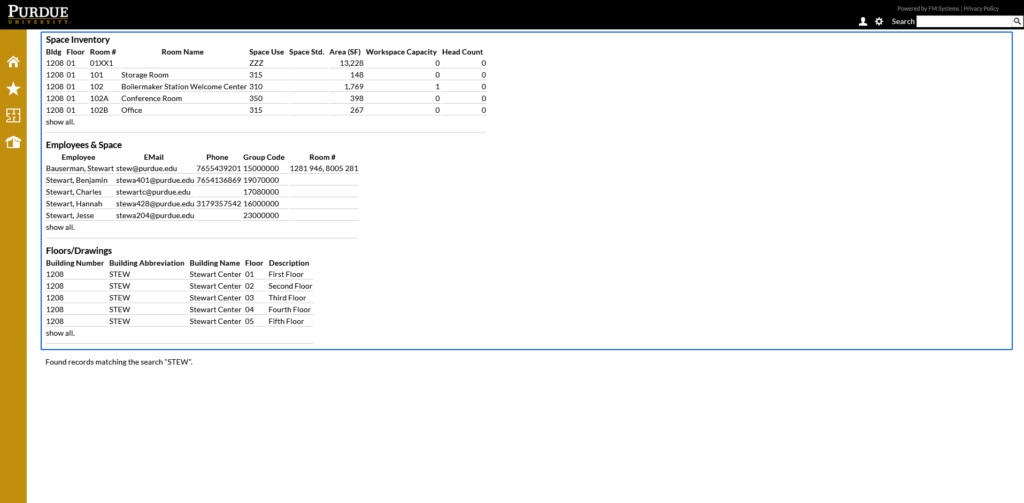 Screenshot of FM:S STEW global search results page.