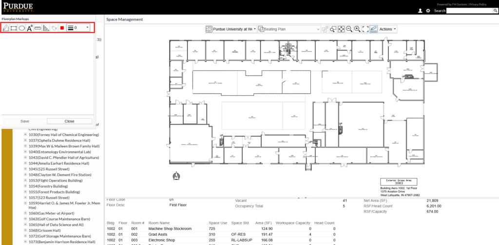 Screenshot of the Space Management screen with the Floorplan Markups toolbar highlighted by a red box.