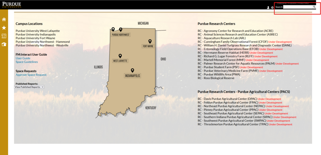 Screenshot of the FM:S homepage with the global search bar in the top right hand corner highlighted by a red box.